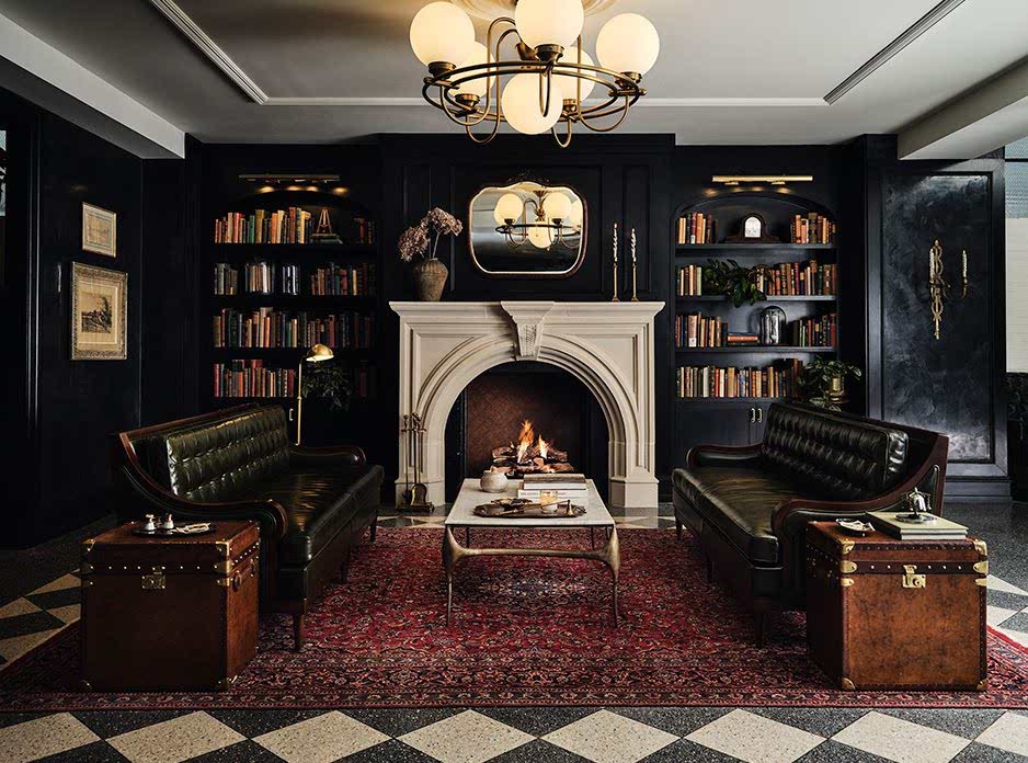 fireplace in the lobby of Hotel 1928